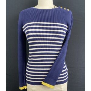 Lauren Ralph Lauren Striped Sweater Navy Gold Button Crew Neck Knit Sz L Classic